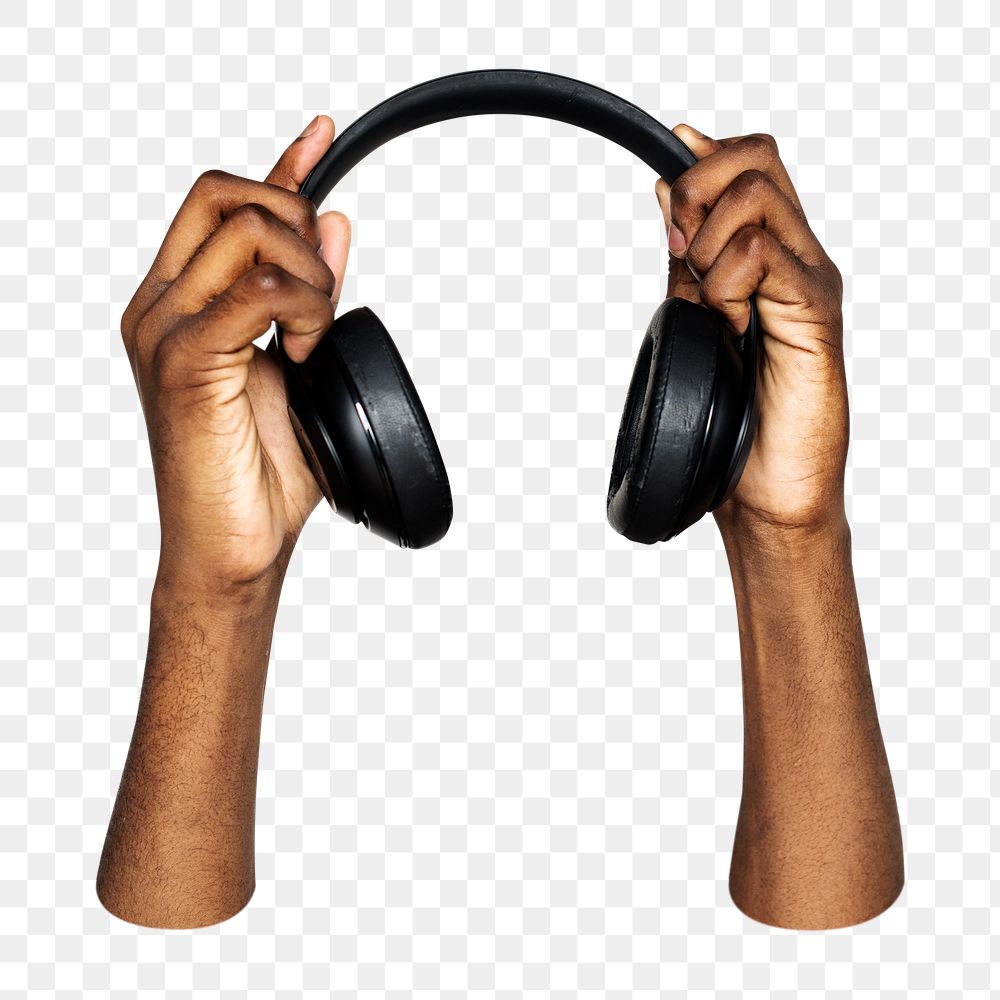 Headphones png in hand, transparent background