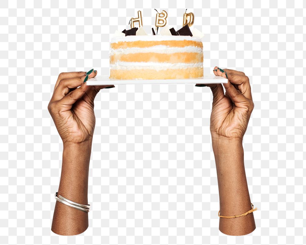Cake png in black hand, transparent background