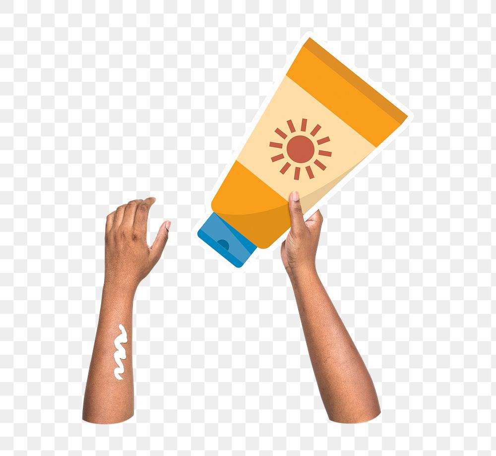 Hand holding sunscreen png, transparent background