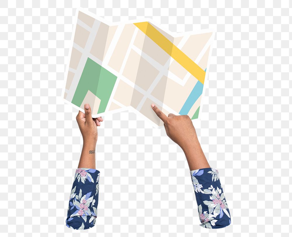 Hand holding map png, transparent background