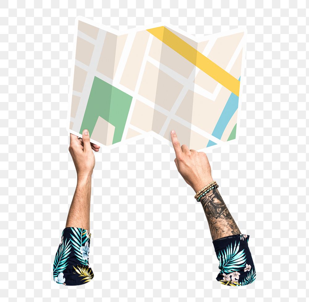 Hand holding map png, transparent background