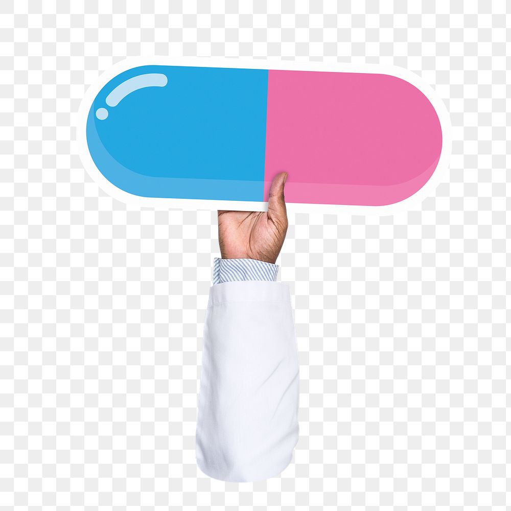 Hand holding png capsule medicine sticker, transparent background