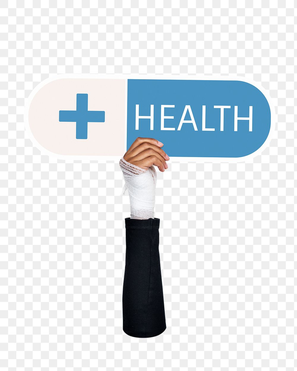 Hand holding png capsule medicine sticker, transparent background