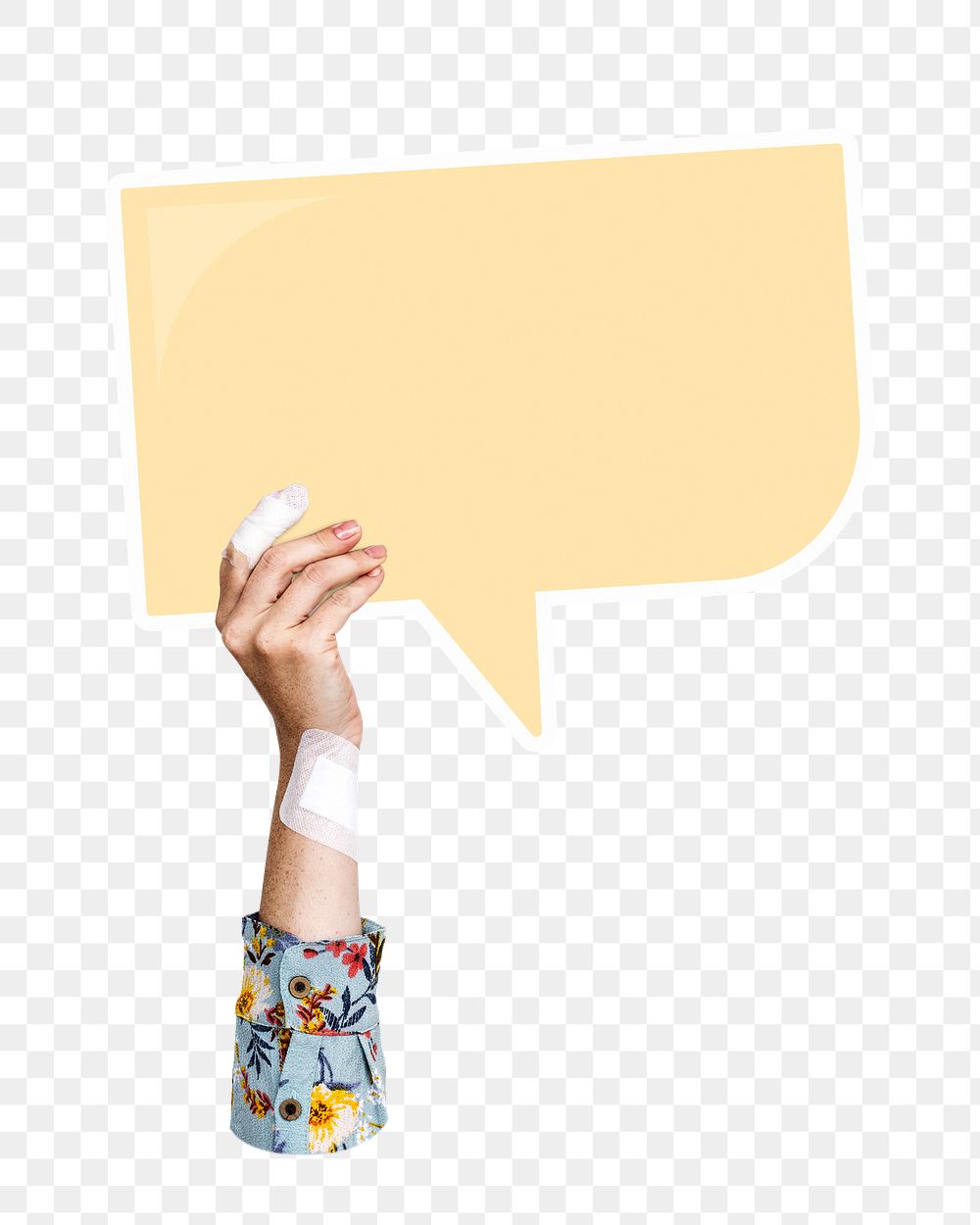 Hand holding png speech bubble sticker, transparent background