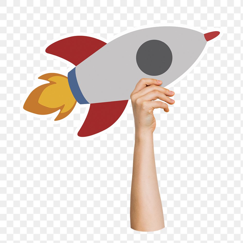 Hand holding png rocket sticker, transparent background