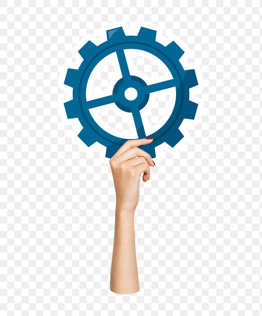 Hand holding png cogwheel sticker, transparent background