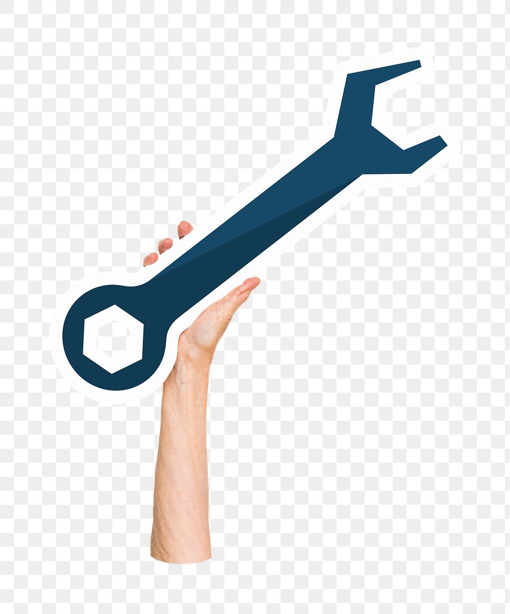 Hand holding png wrench tool sticker, transparent background