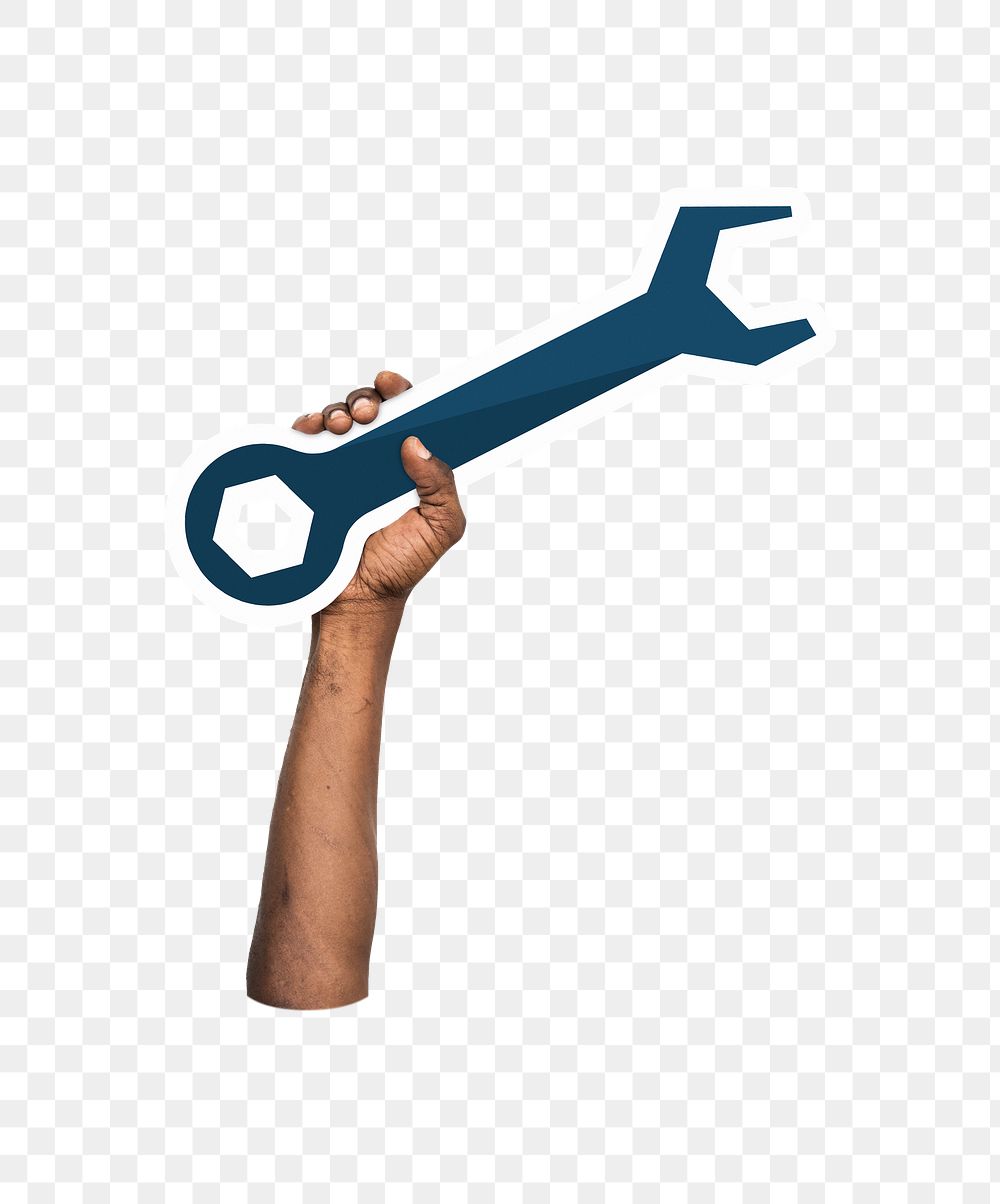 Hand holding png wrench tool sticker, transparent background