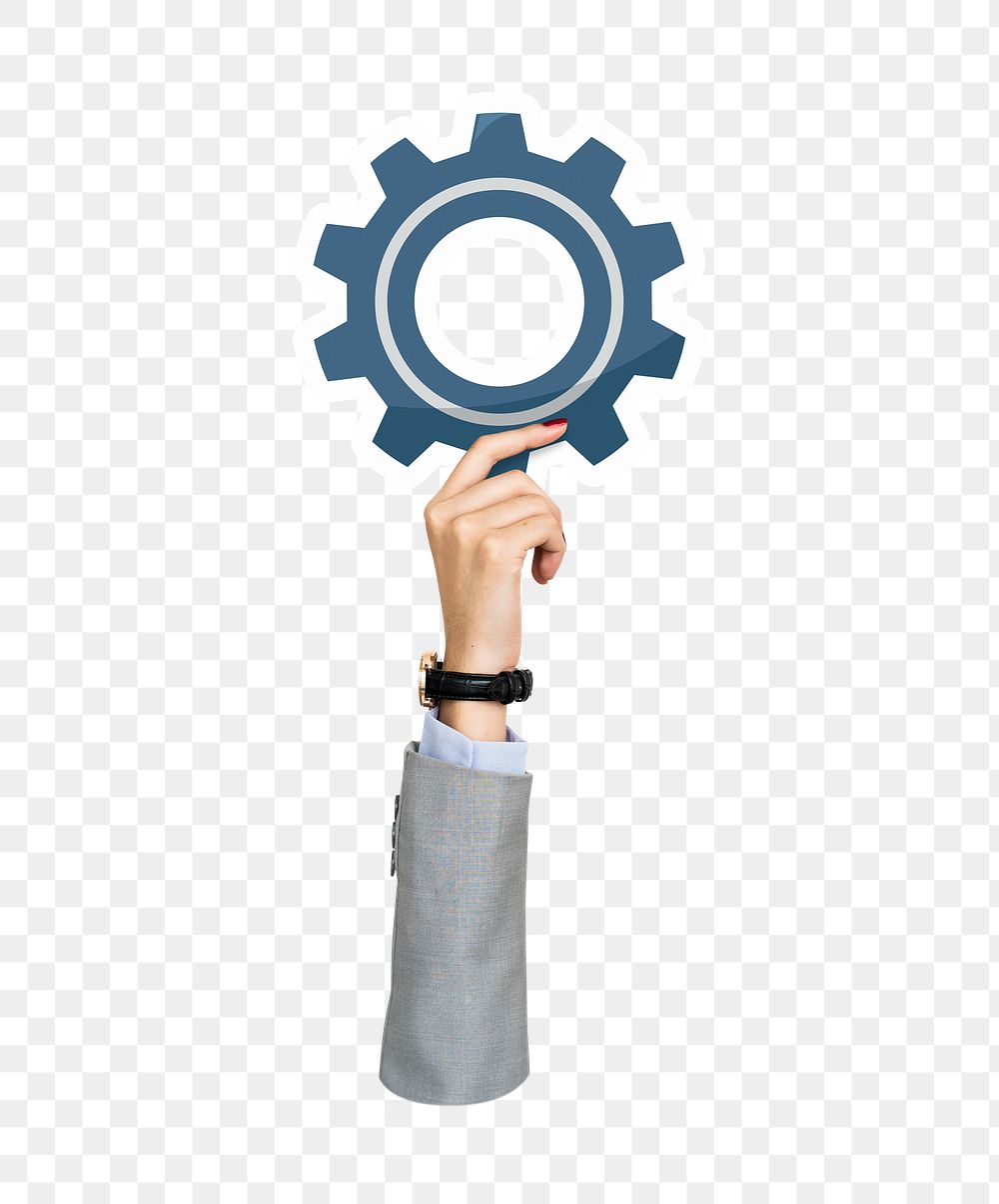 Hand holding png cogwheel sticker, transparent background