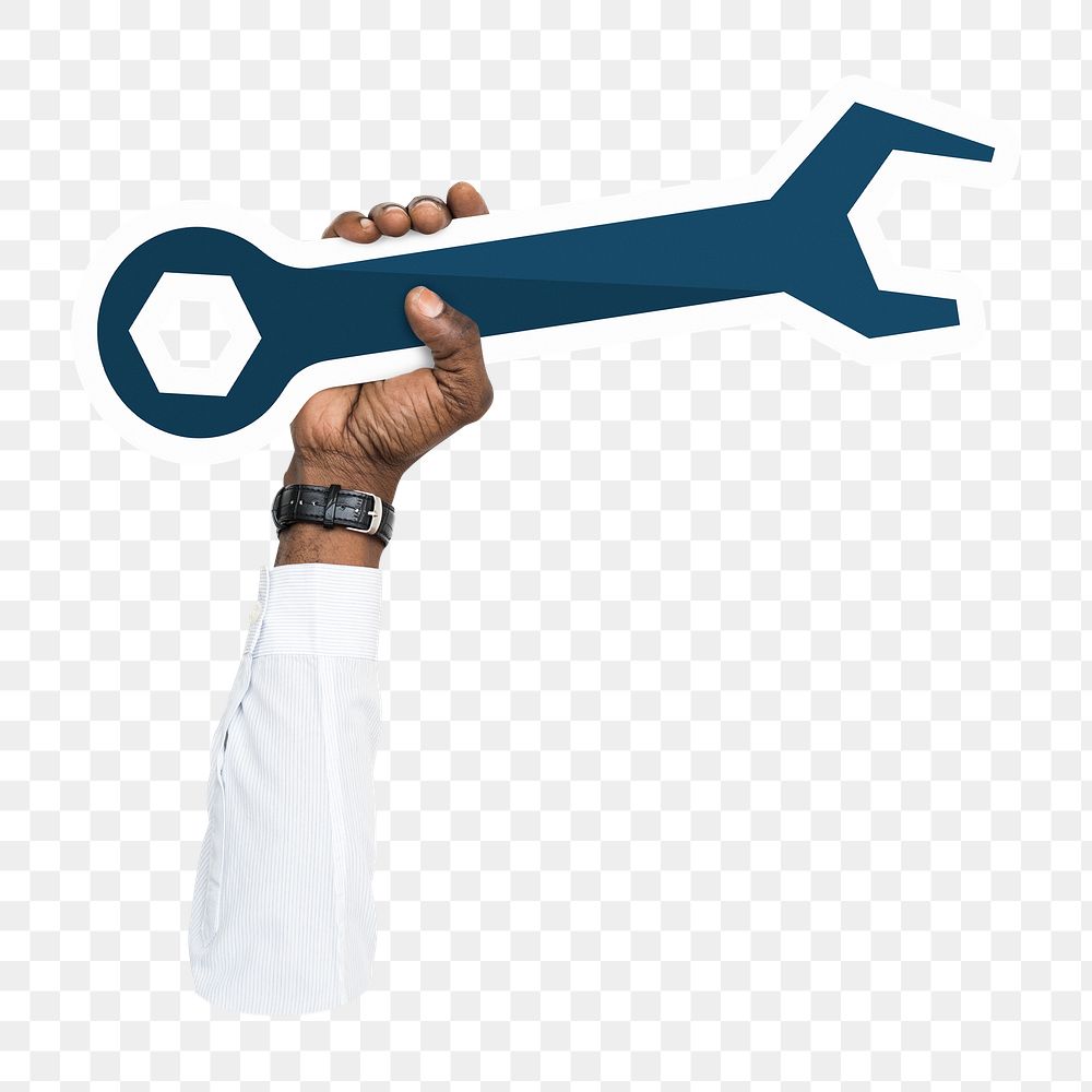 Hand holding png wrench tool sticker, transparent background