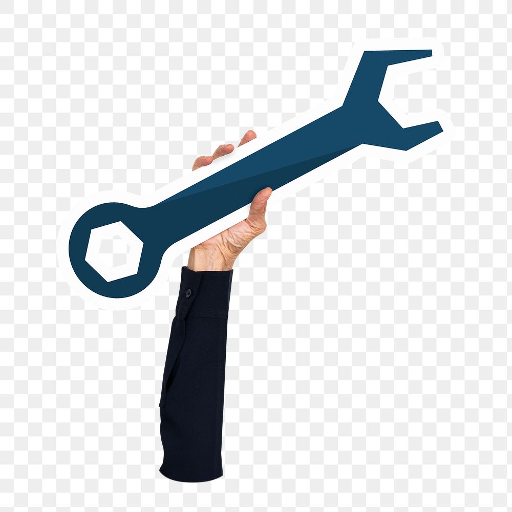 Hand holding png wrench tool sticker, transparent background