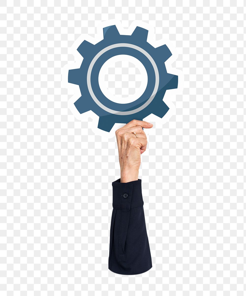 Hand holding png cogwheel sticker, transparent background