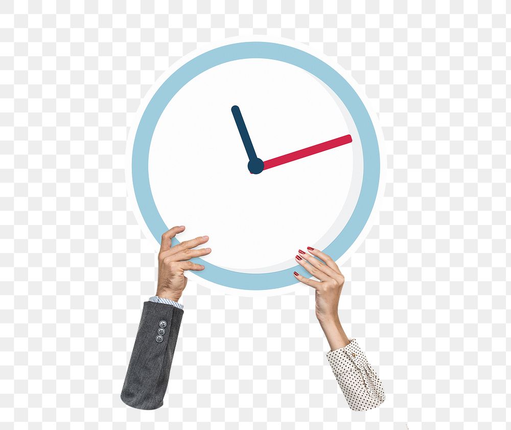 Hand holding png clock sticker, transparent background