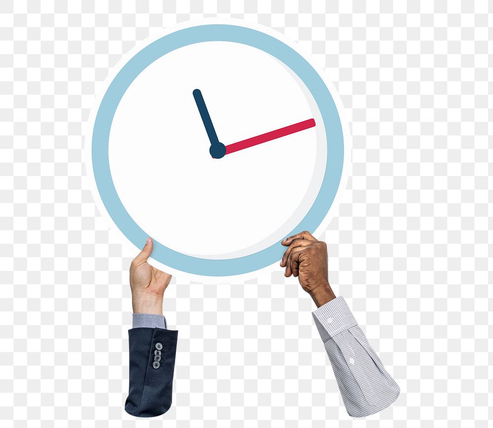 Hand holding png clock sticker, transparent background