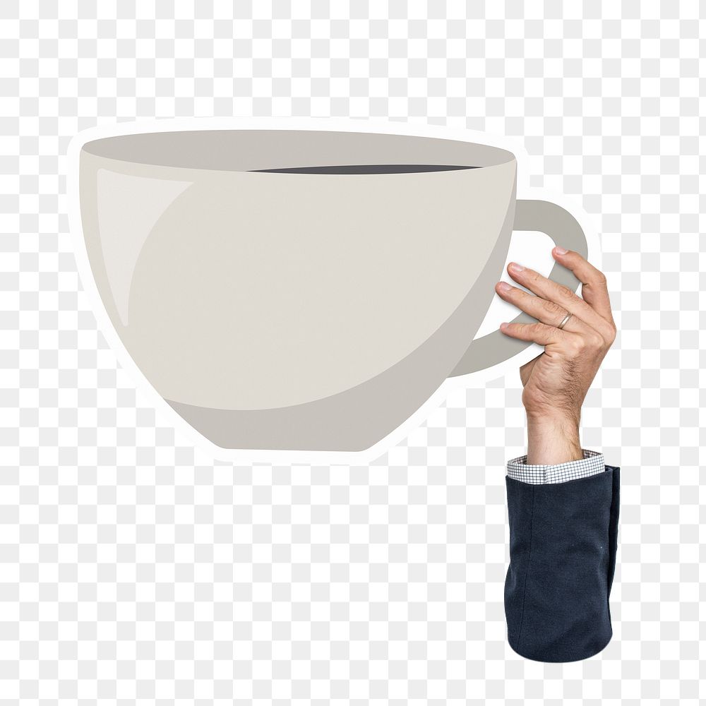 Hand holding png coffee cup sticker, transparent background