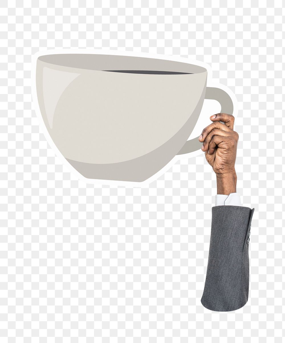 Hand holding png coffee cup sticker, transparent background