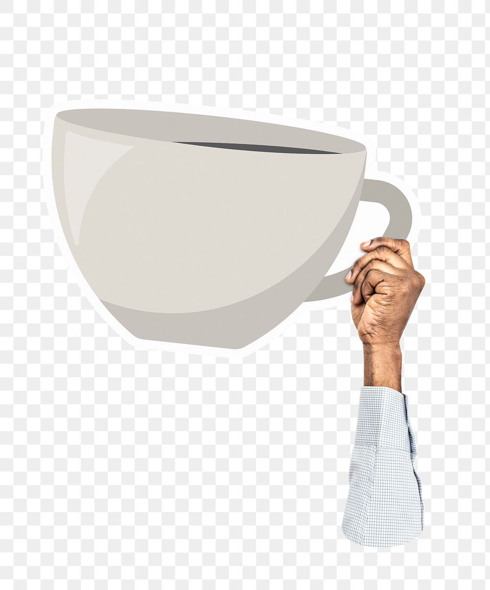 Hand holding png coffee cup sticker, transparent background