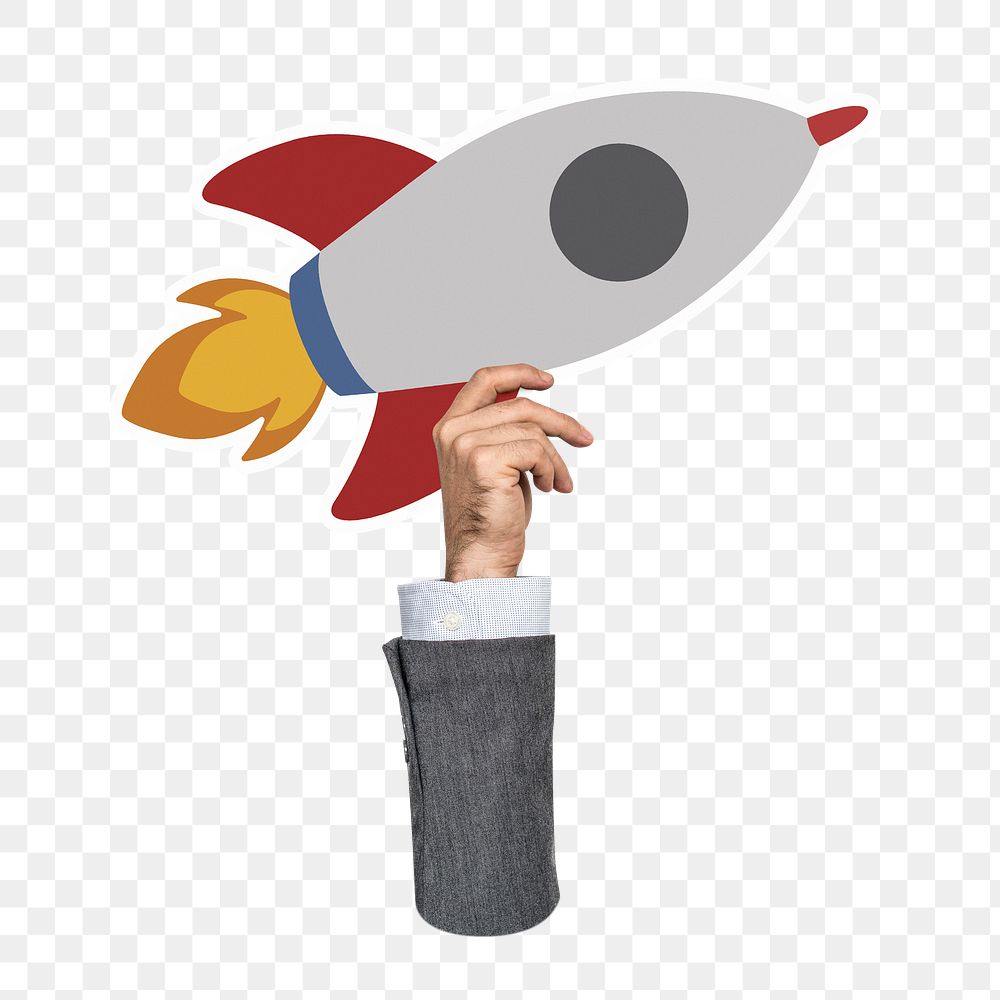 Hand holding png spaceship rocket, transparent background