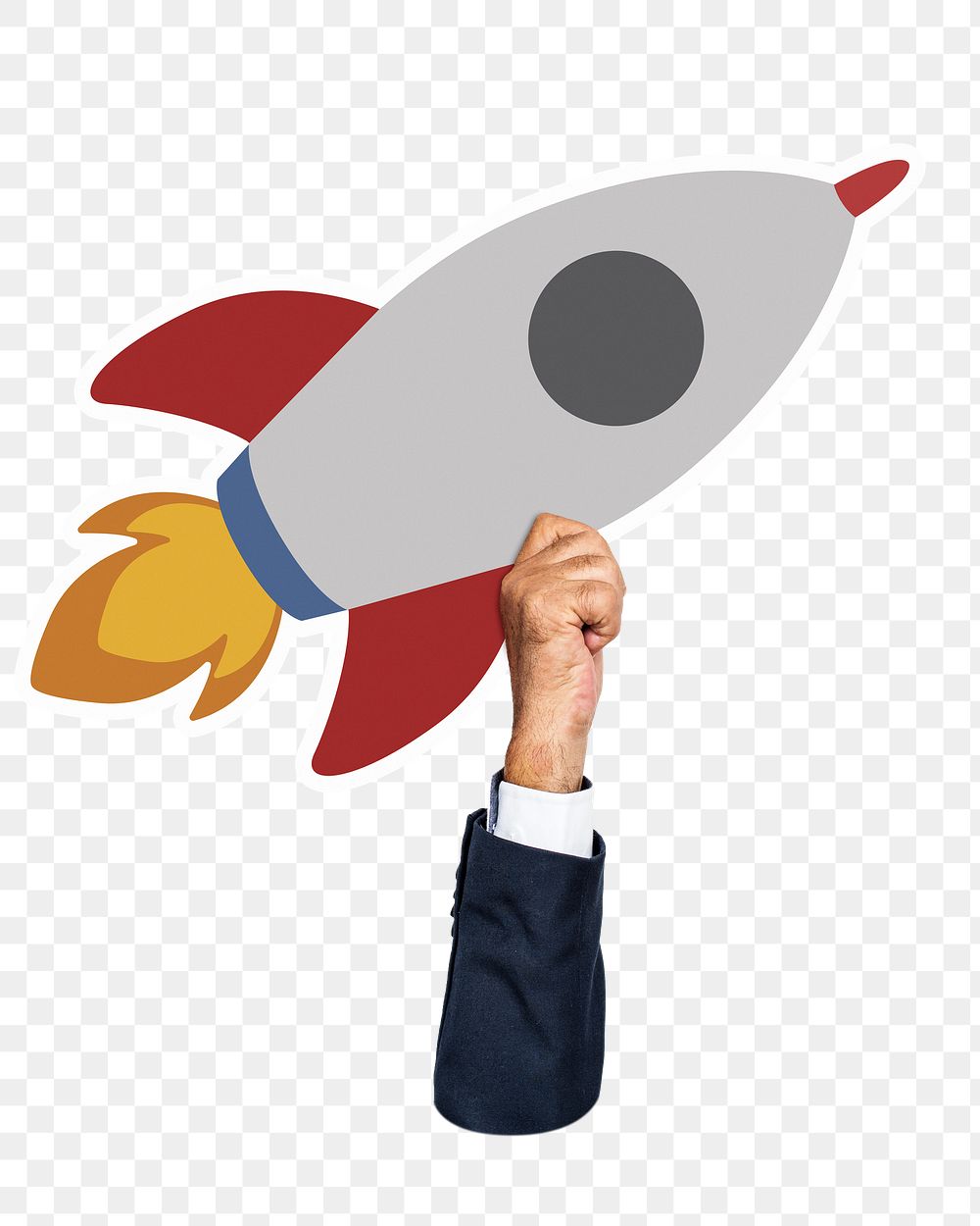 Hand holding png spaceship rocket, transparent background