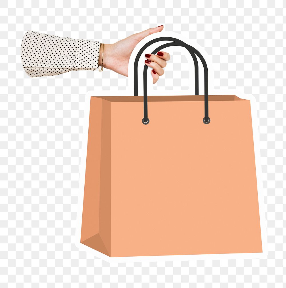 Hand holding png shopping bag sticker, transparent background