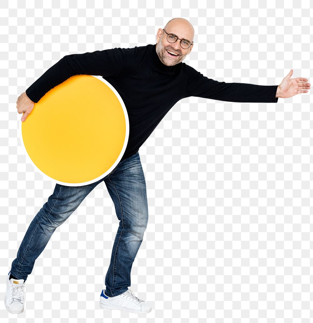 Happy man with sign png element, transparent background