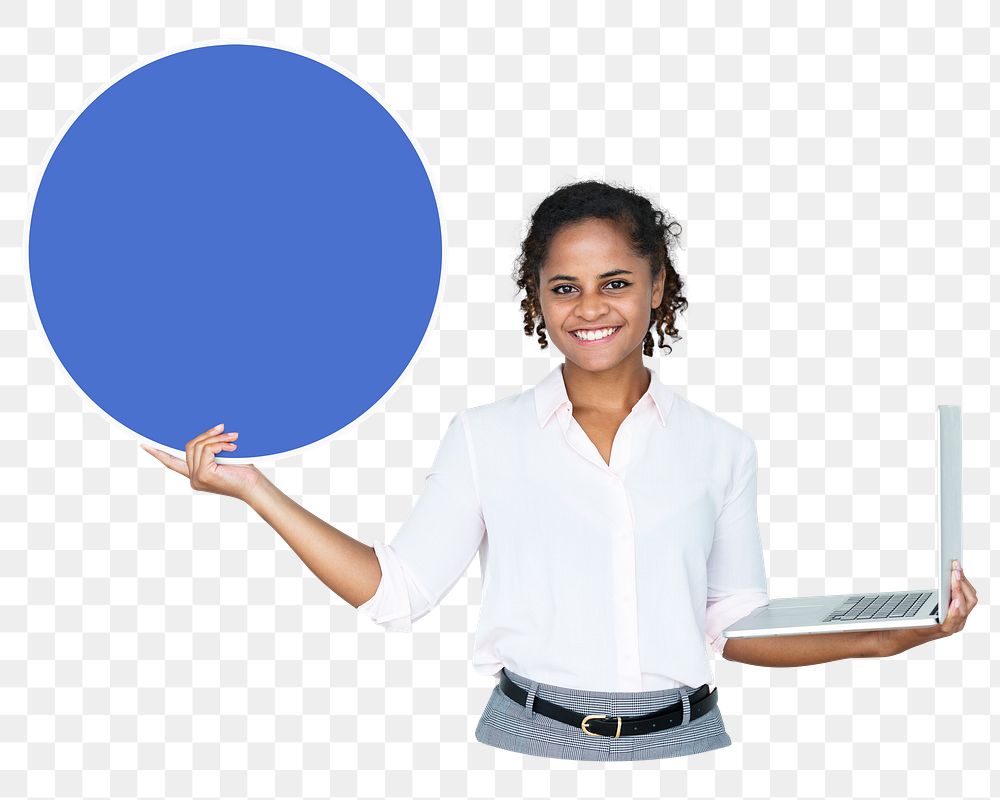 Businesswoman holding round board png element, transparent background