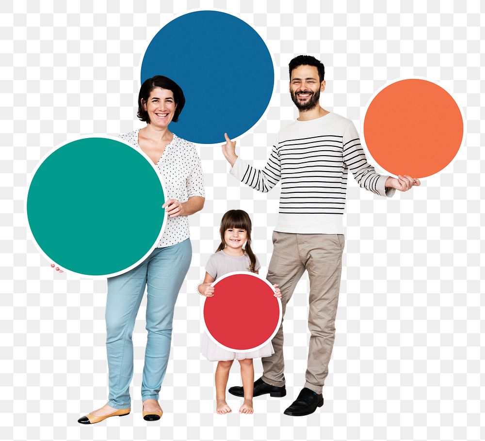 Family holding signs png element, transparent background