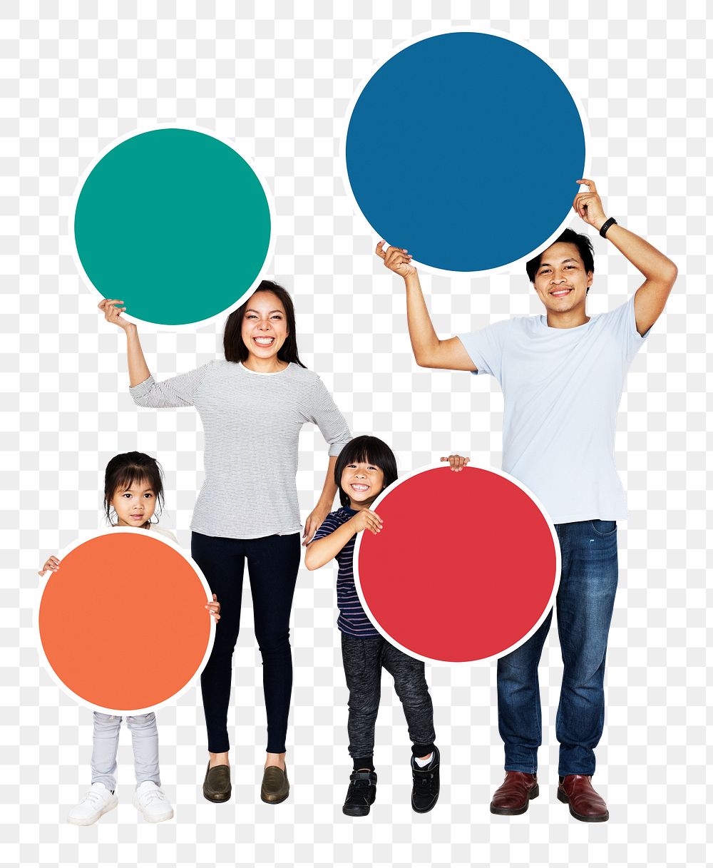 Family holding signs png element, transparent background