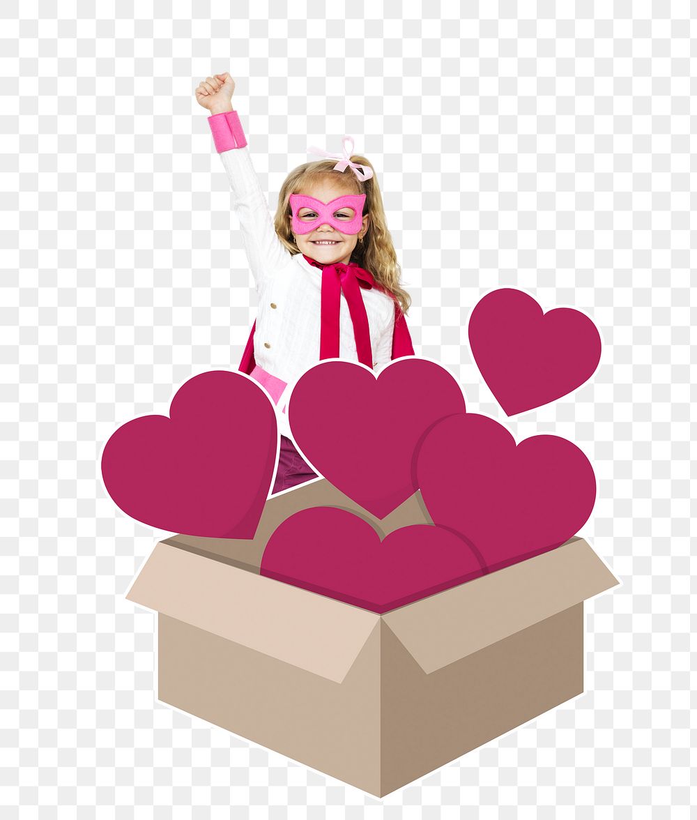 Box of hearts png superhero girl, transparent background