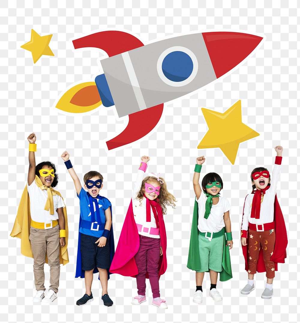 Young superheroes with  rocket png, transparent background