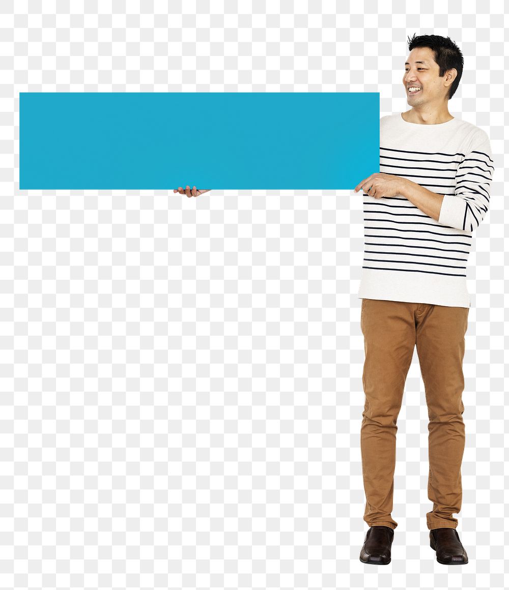 Asian man holding sign png element, transparent background