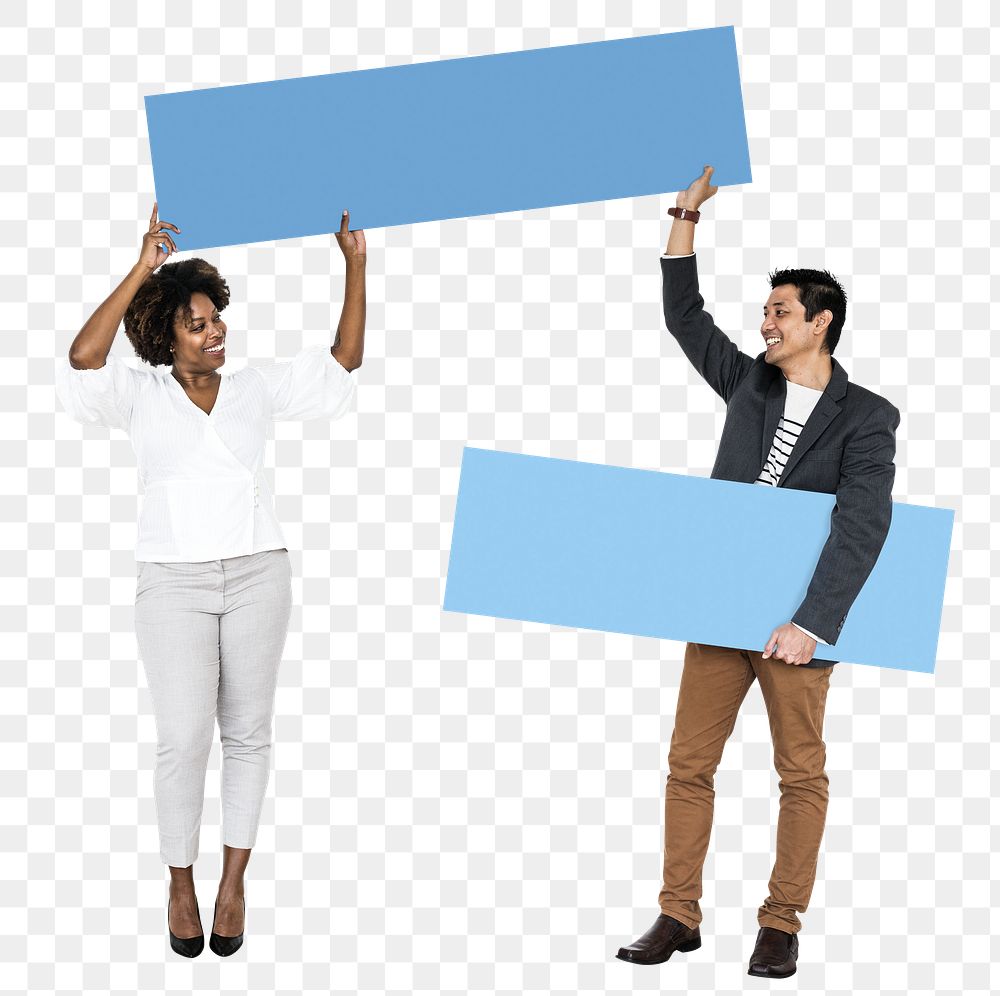 People holding blank signs png element, transparent background