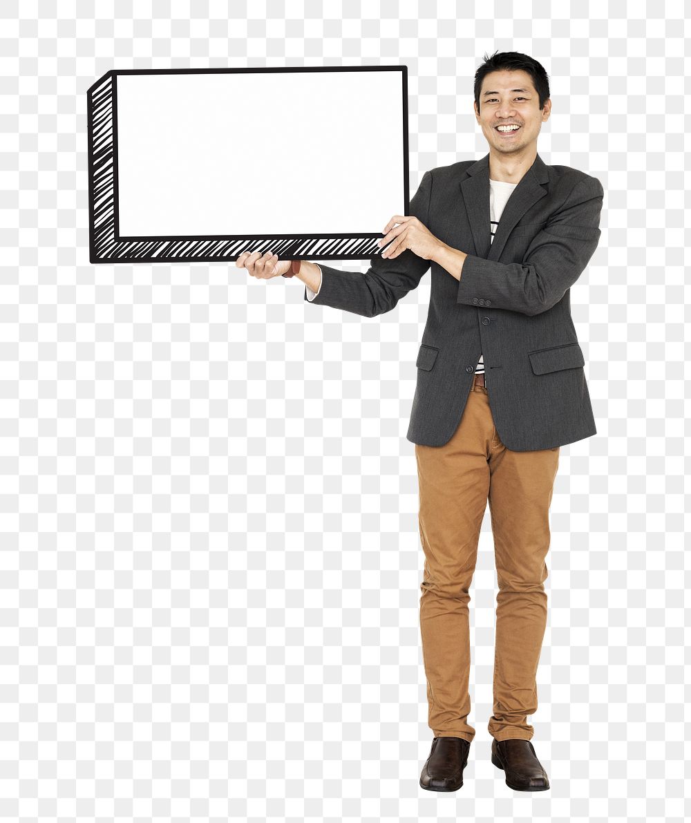 Businessman holding sign png element, transparent background