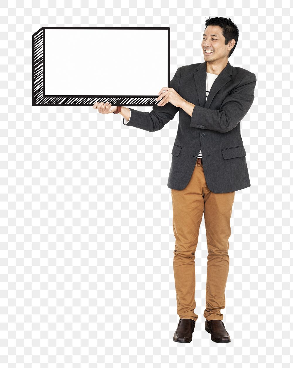 Businessman holding sign png element, transparent background