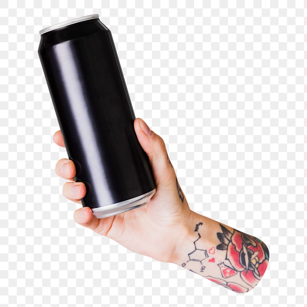 Png hand holding black aluminum can, transparent background