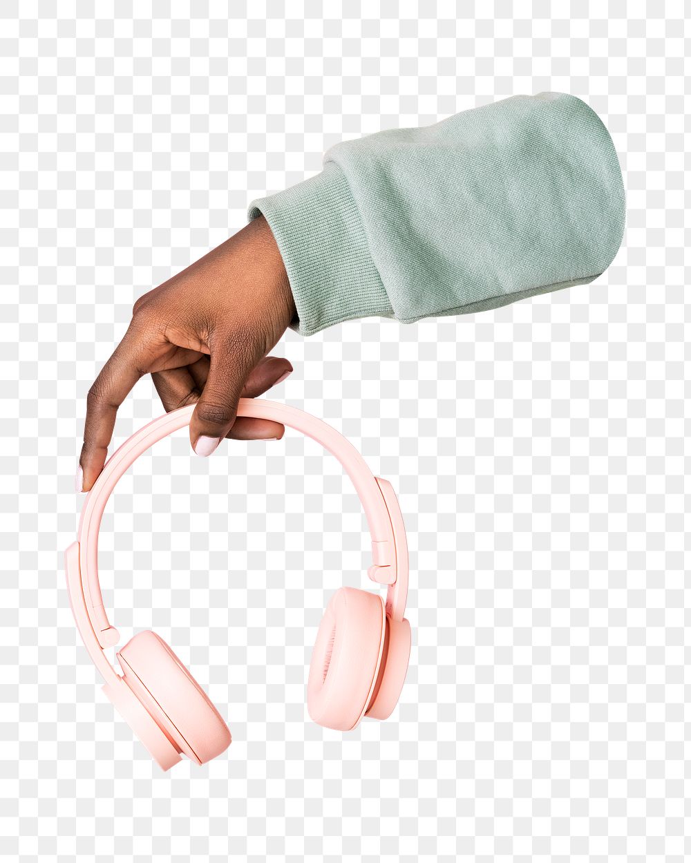Hand png holding pink headphones, transparent background