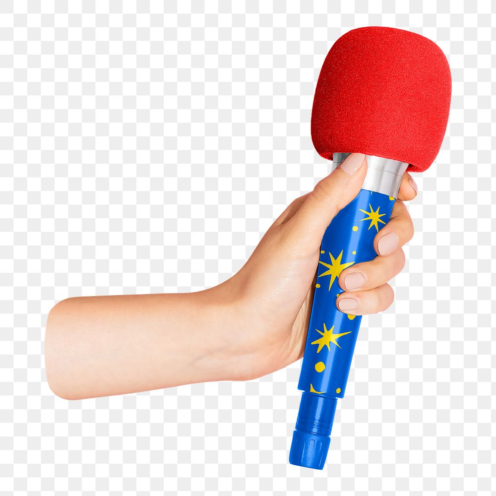 Png hand holding microphone, transparent background