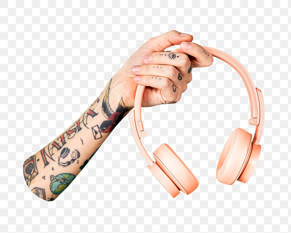PNG Tattooed arm holding pink headphones, collage element, transparent background