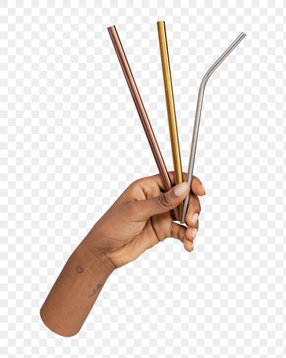Hand holding png metal straws, transparent background