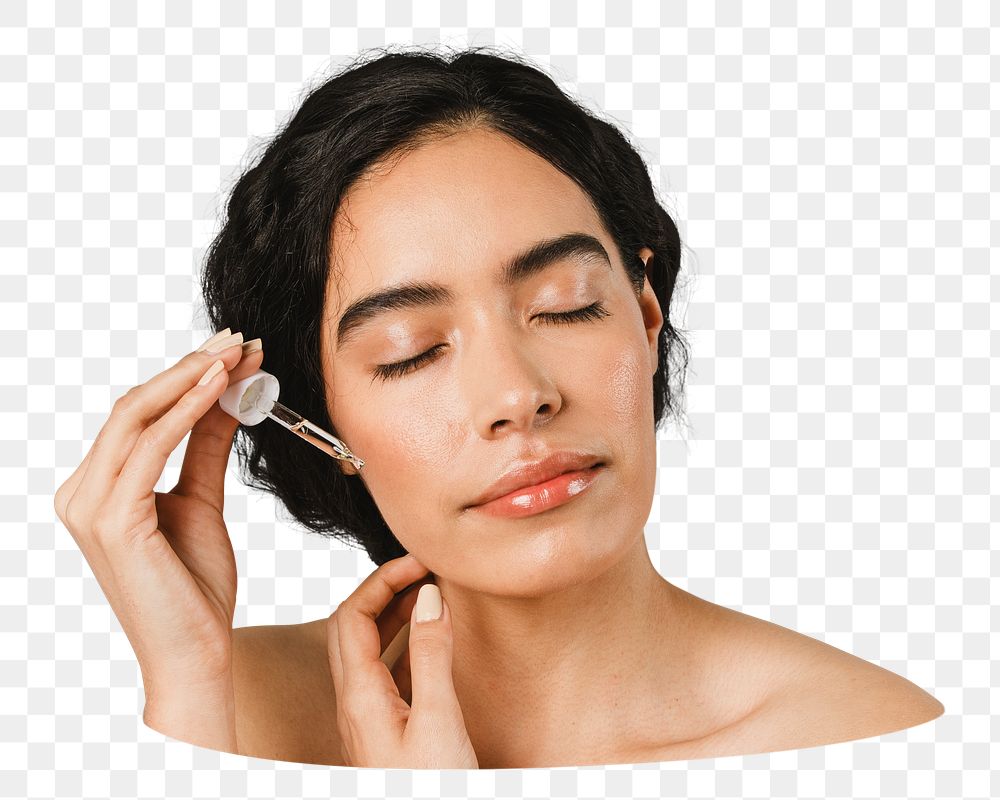 PNG Young woman applying serum on her face, collage element, transparent background
