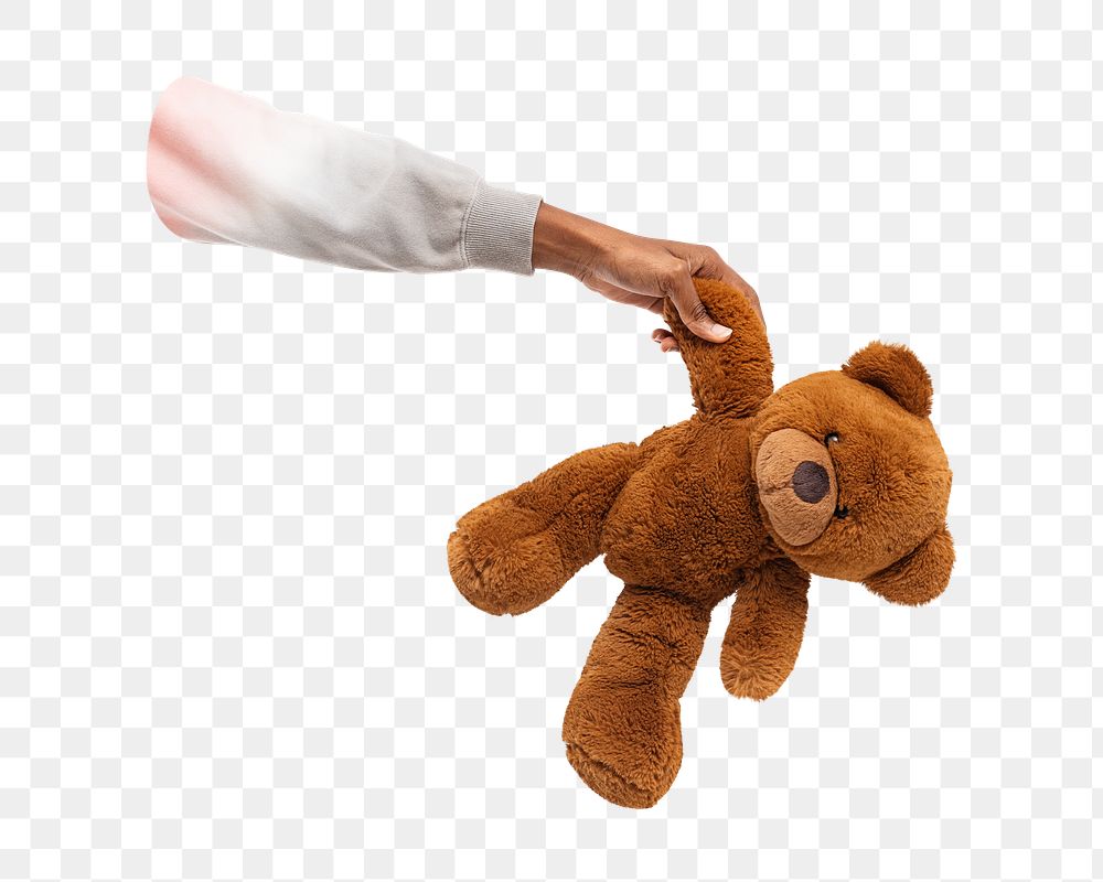 Png hand holding teddy bear, transparent background