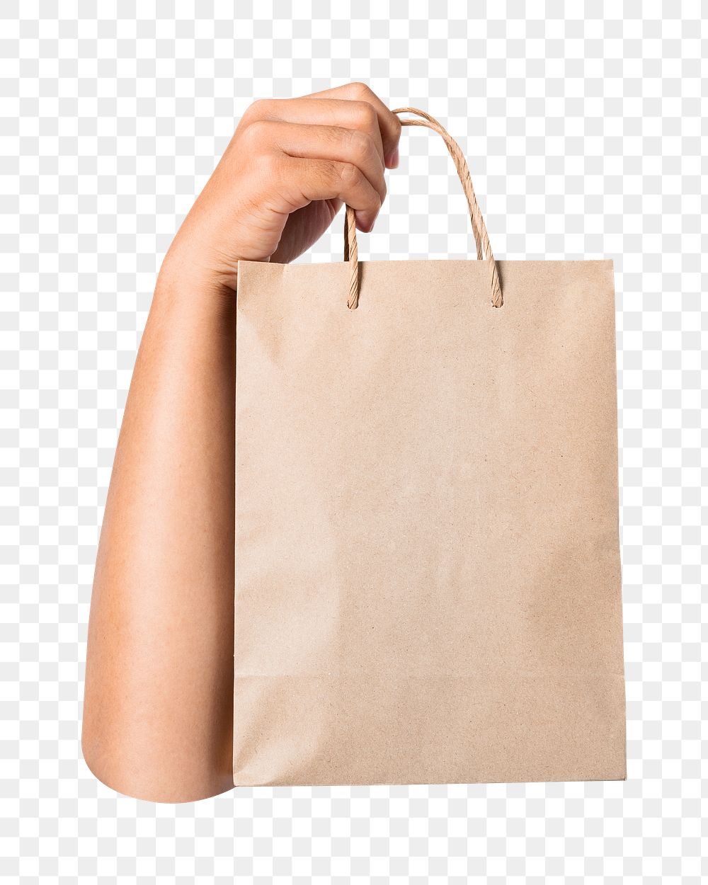 Png hand holding shopping bag, transparent background