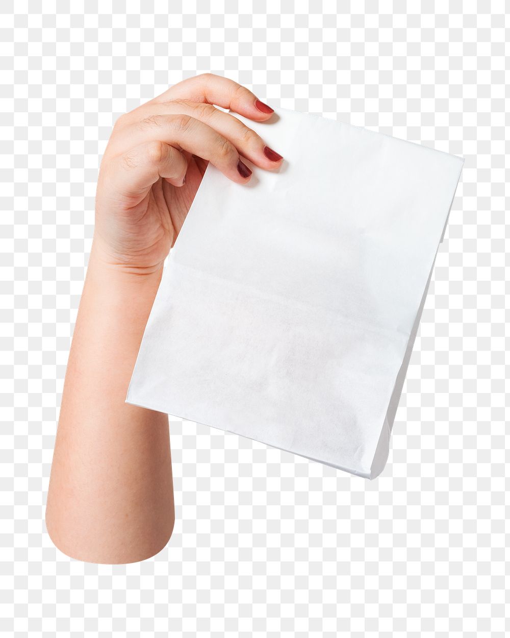 Png hand holding white paper bag, transparent background