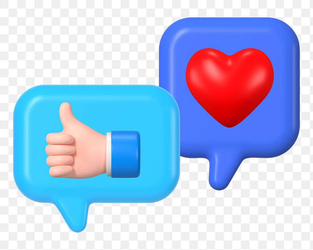 Social media reactions png, 3D thumbs up, heart illustration on transparent background