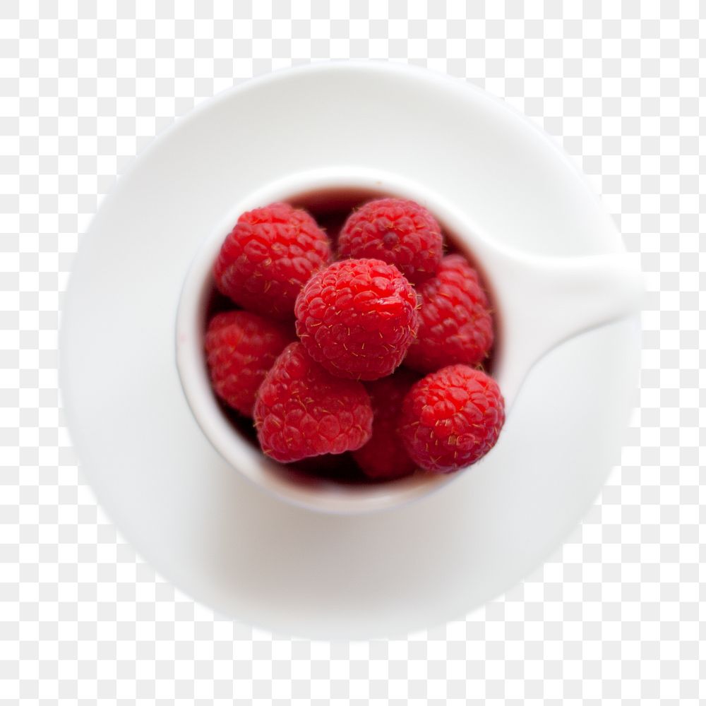 PNG Cup of raspberries sitting a saucer, collage element, transparent background