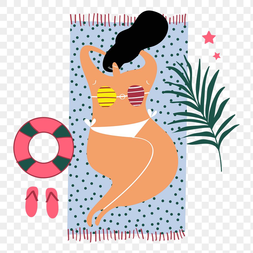 Png beach tanning lady hand drawn sticker, transparent background