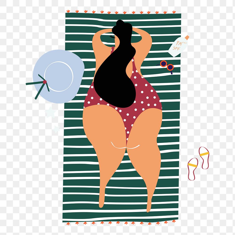 Png sun tanning lady hand drawn sticker, transparent background
