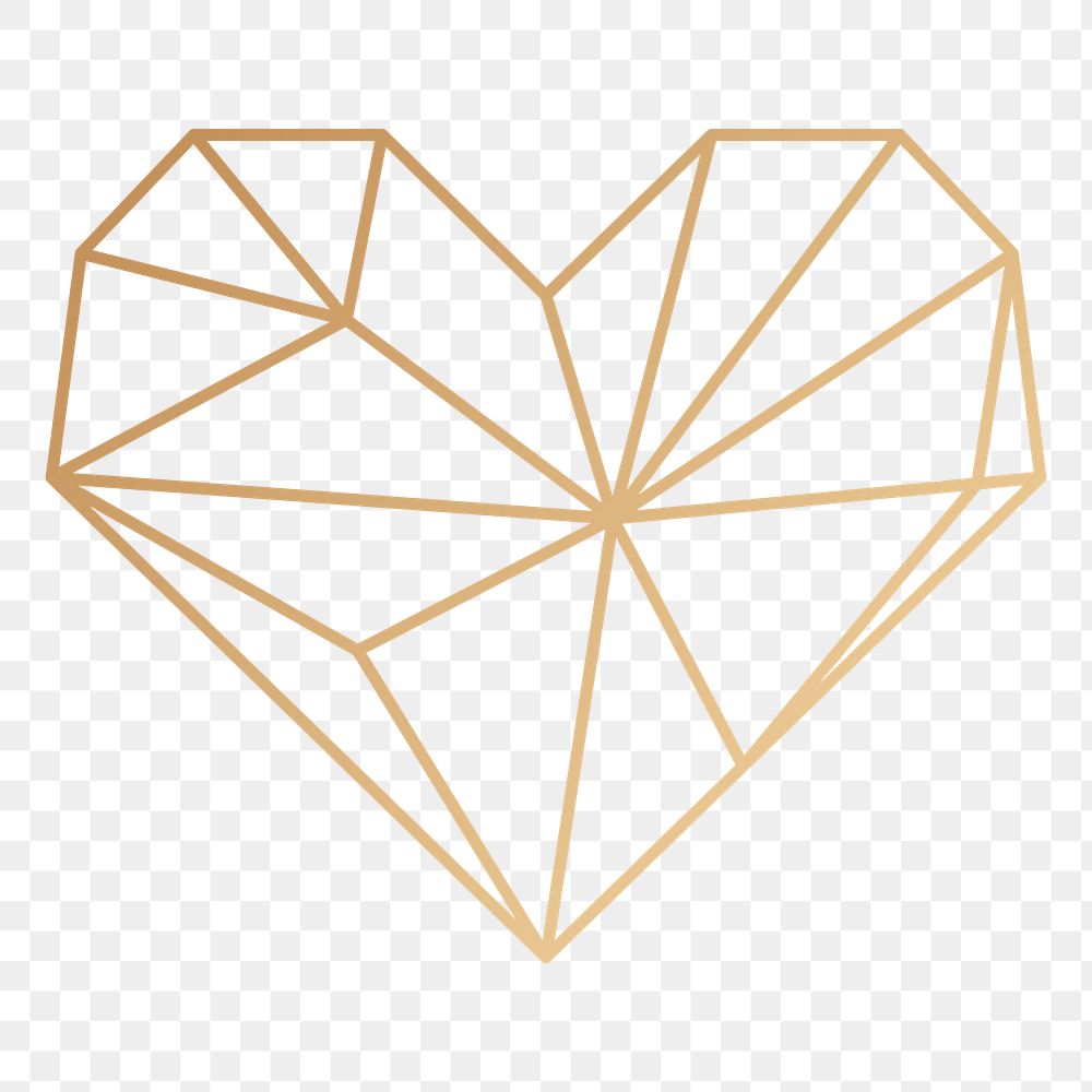 Png gold geometric outline heart design element, transparent background