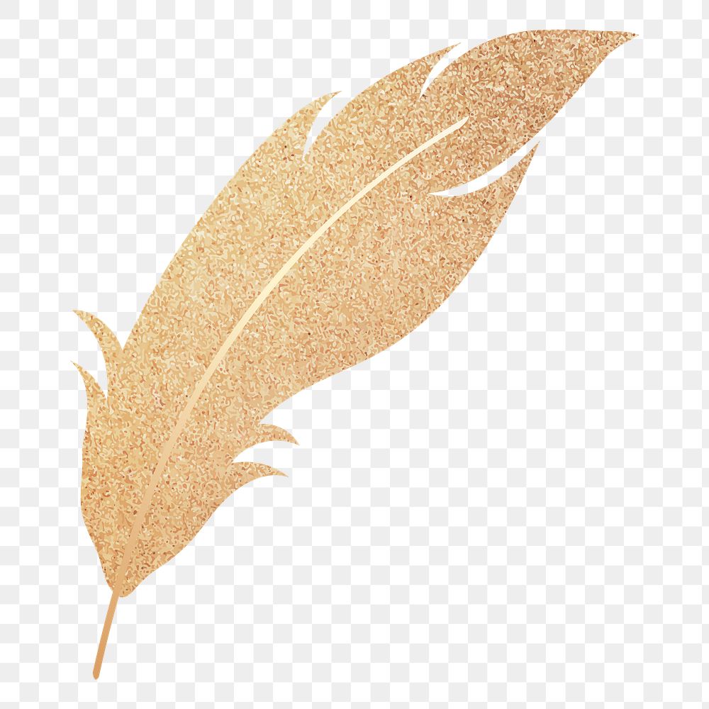 Png gold glittery feather sticker, transparent background