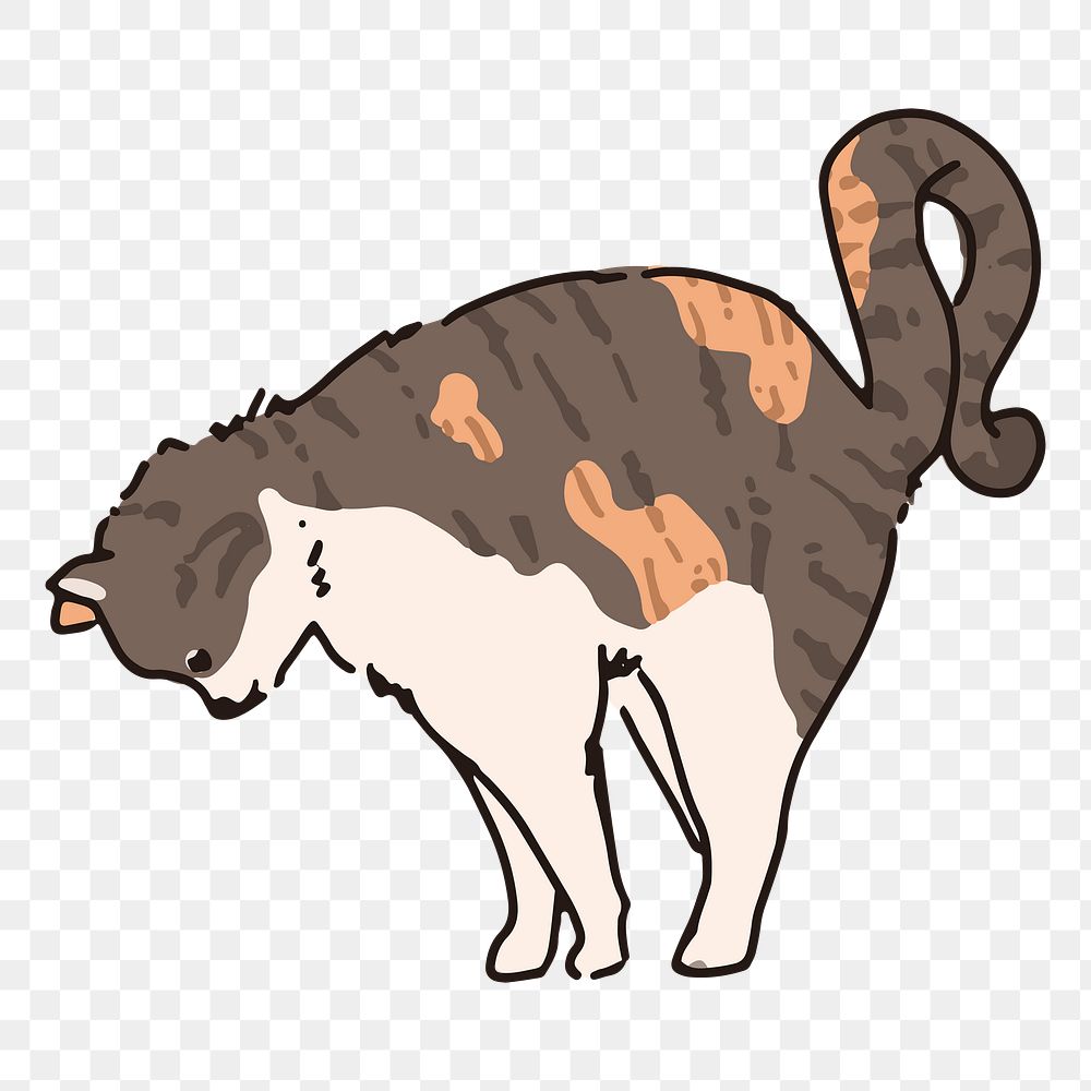 Png cat stretching doodle sticker, transparent background